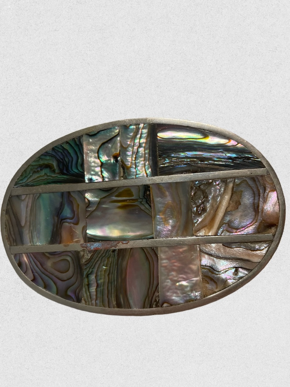 1970s Vintage Mexican Silver Abalone Shell Mosaic Oval Belt Buckle.
